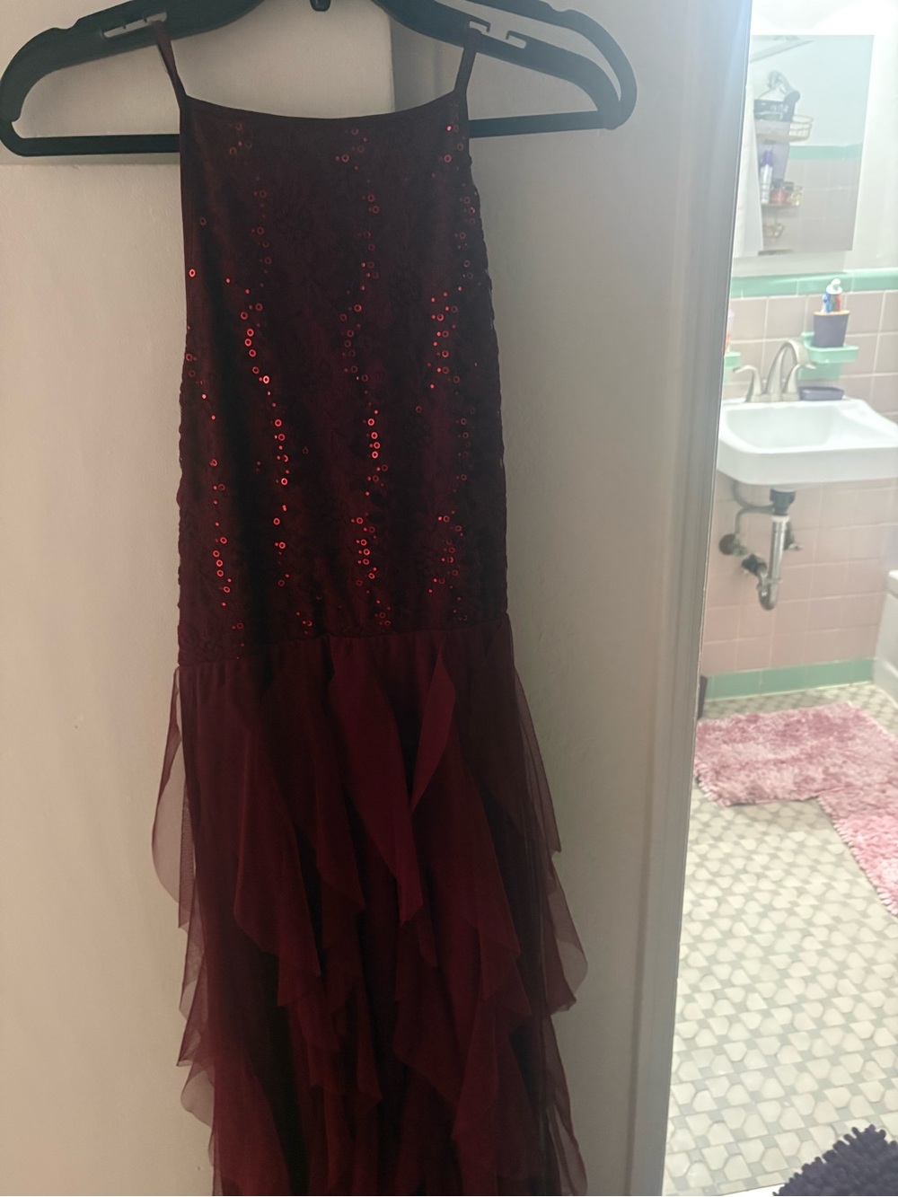 Elegant Women's Sequined Ruffle Evening Skirt - Burgundy